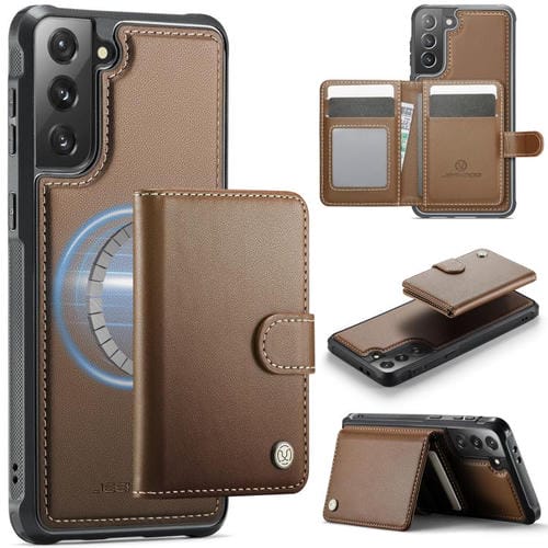 Funda de cuero con hebilla magnética para Samsung Galaxy S21+ 5G JEEHOOD J09, con ranuras para tarjetas, estilo RFID y MagSafe (marrón)