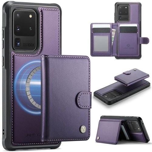 Funda de cuero con hebilla magnética para Samsung Galaxy S20 Ultra 5G JEEHOOD J09, con ranuras para tarjetas, estilo RFID y MagSafe (morado)