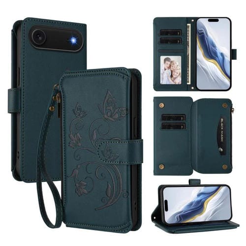 Funda de cuero con cremallera para iPhone 17 Air, diseño de mariposas y flores, con múltiples tarjetas (verde oscuro)