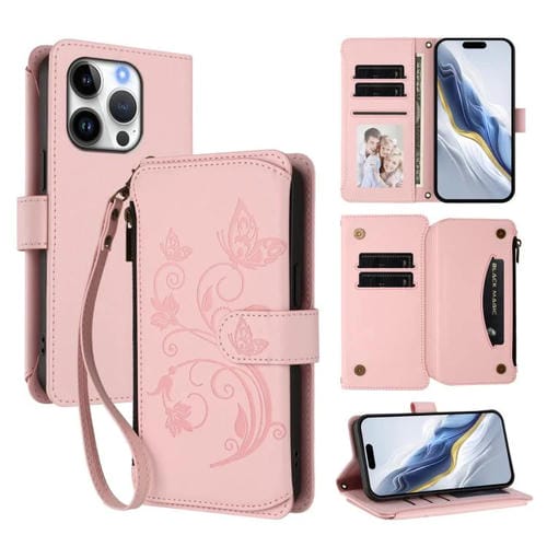 Funda de cuero con cremallera para iPhone 16 Pro Max, diseño de mariposas, flores y amor (rosa)