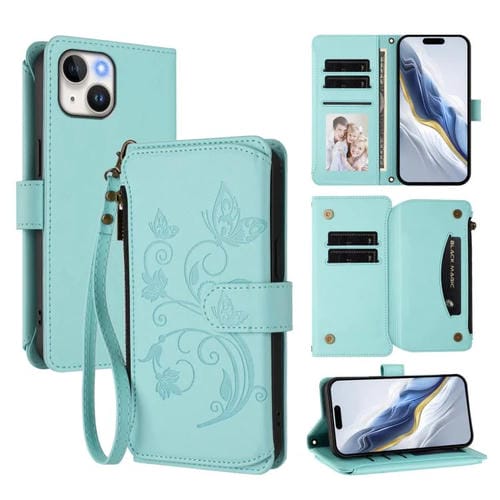 Funda de cuero con cremallera para iPhone 14 Plus, diseño de mariposas, flores y amor (verde menta)