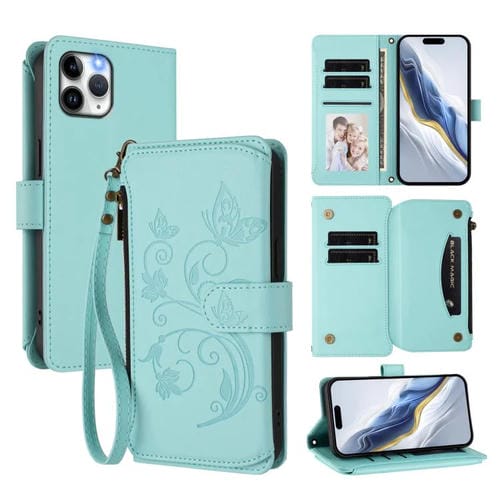 Funda de cuero con cremallera para iPhone 11 Pro, diseño de mariposas, flores y amor (verde menta)