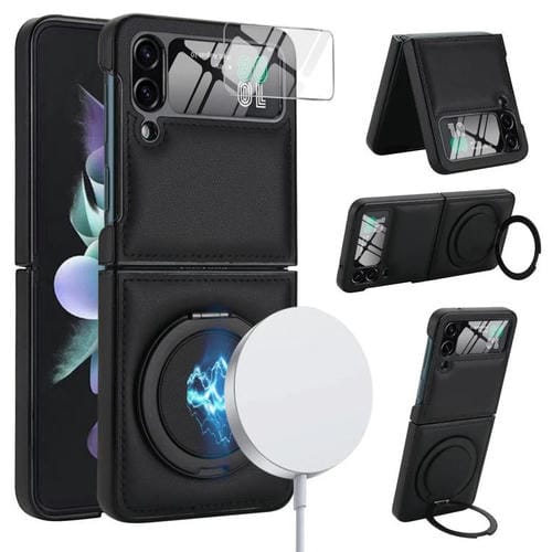 Funda de cuero con soporte giratorio plegable y película MagSafe integrada para Samsung Galaxy Z Flip4 (negro)