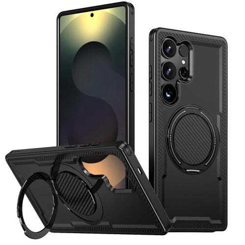 Funda metálica con rotación de 360 grados y soporte MagSafe para Samsung Galaxy S25 Ultra 5G (negra)