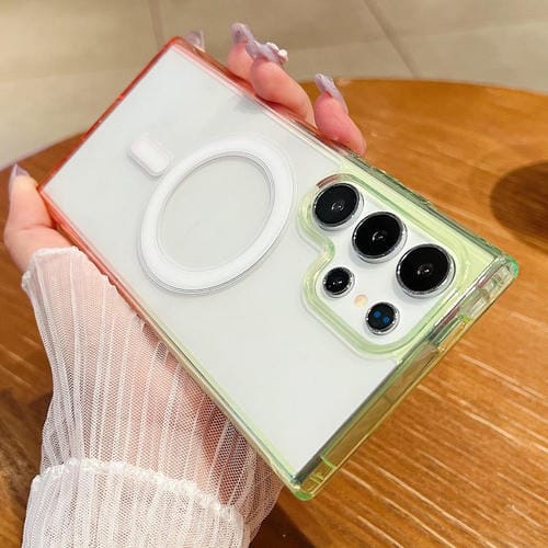 Funda MagSafe transparente con degradado de color en contraste para Samsung Galaxy S25 Ultra 5G (verde fluorescente y rosa claro)