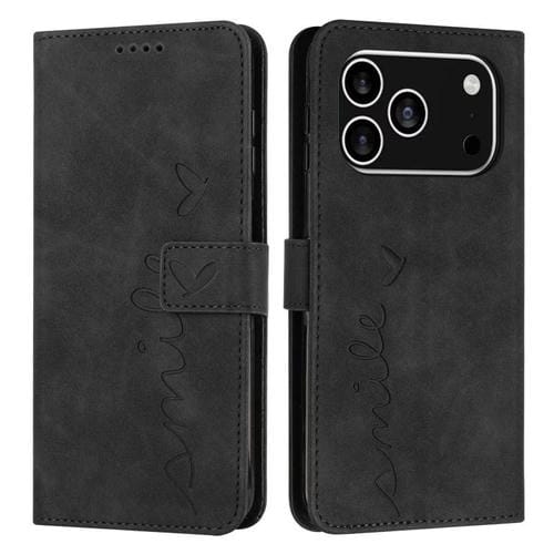 Funda de piel con relieve de corazón para iPhone 17 Pro con cordón largo (negra)