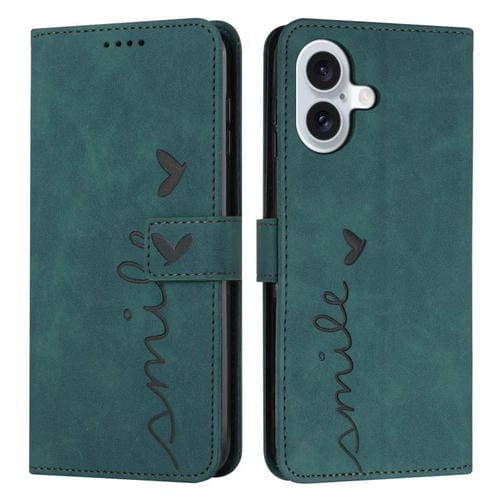 Funda de piel con relieve de corazón para iPhone 17 con cordón largo (verde)
