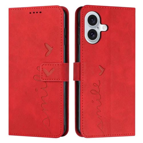 Funda de piel con relieve de corazón para iPhone 17 con cordón largo (roja)