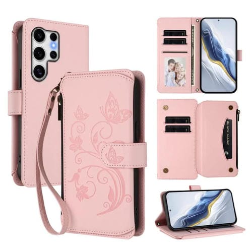 Funda de cuero con cremallera para Samsung Galaxy S25 Ultra 5G, diseño de mariposas, flores y amor, con múltiples tarjetas (rosa)