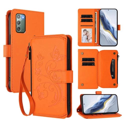 Funda de cuero con cremallera para Samsung Galaxy Note20, diseño de mariposas, flores y amor, con múltiples tarjetas (naranja)