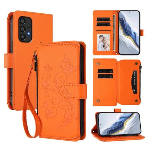 Funda de cuero con cremallera para Samsung Galaxy A53 5G, diseño de mariposas, flores y amor, con múltiples tarjetas (naranja)