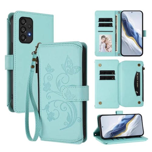 Funda de cuero con cremallera para Samsung Galaxy A53 5G, diseño de mariposas, flores y amor, con mĂșltiples tarjetas (verde menta)