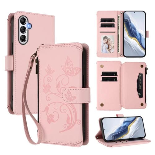 Funda de cuero con cremallera para Samsung Galaxy A55 5G, diseño de mariposas, flores y amor, con mĂșltiples tarjetas (rosa)