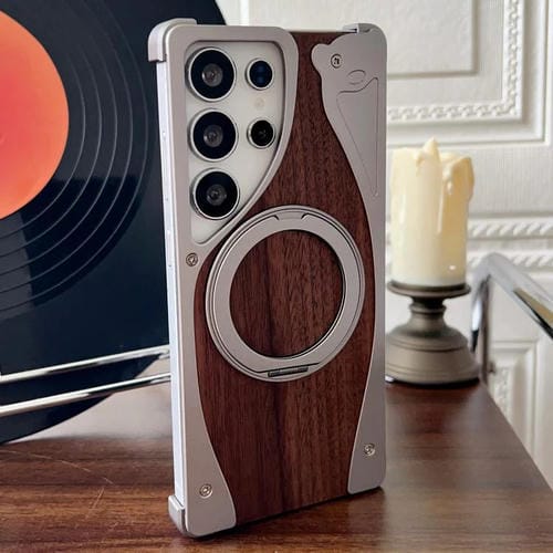 Funda de metal sin marco para Samsung Galaxy S25 Ultra 5G, color nogal, con rotación de 360 grados y soporte MagSafe (color titanio)