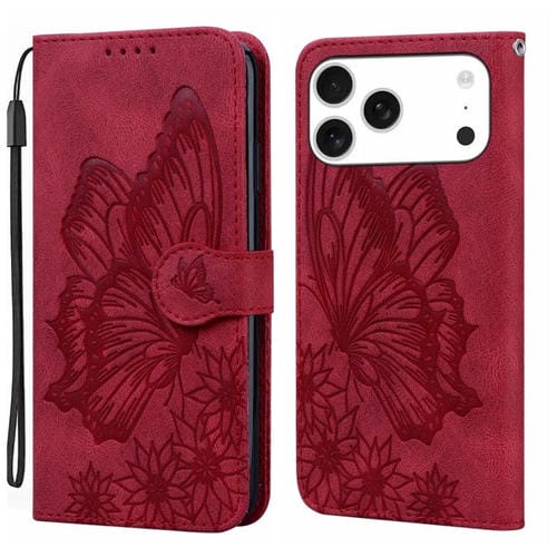 Funda de cuero con tapa horizontal y diseño de mariposas en relieve retro para iPhone 17 Pro (roja)
