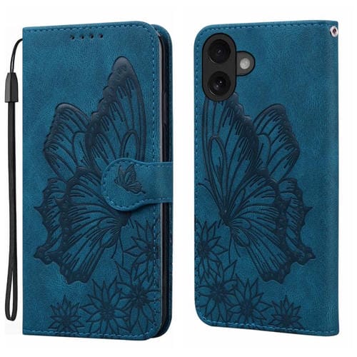 Funda de cuero con tapa horizontal y diseño de mariposas en relieve retro para iPhone 17 (azul)