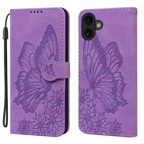 Funda de cuero con tapa horizontal y diseño de mariposas en relieve retro para iPhone 17 (morado)