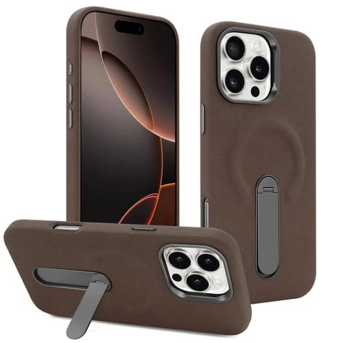 Funda VIETAO de piel sintética MagSafe de ante con soporte para iPhone 16 Pro (marrón café)