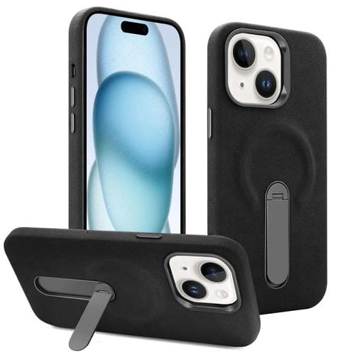Funda VIETAO de piel sintética MagSafe de gamuza con soporte para iPhone 15 (negra)