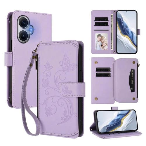 Funda de cuero con cremallera para Redmi Turbo 4 Pro y Xiaomi Poco F7, diseño de mariposas, flores y múltiples tarjetas (morado claro)