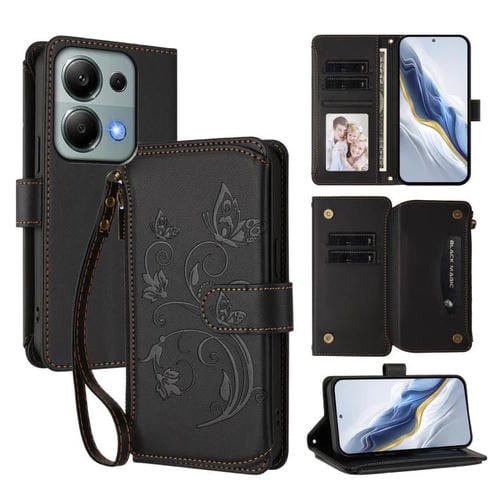 Funda de cuero con cremallera para Redmi Note 14S 4G / Note 13 Pro 4G, diseño de mariposas y flores, con múltiples tarjetas (negro)