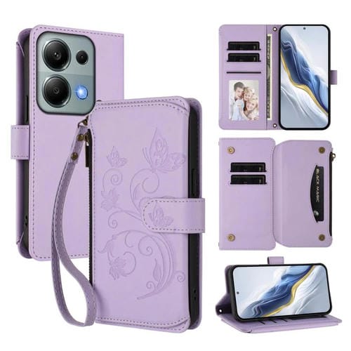 Funda de cuero con cremallera para Redmi Note 14S 4G / Note 13 Pro 4G, diseño de mariposas, flores y múltiples tarjetas (morado claro)