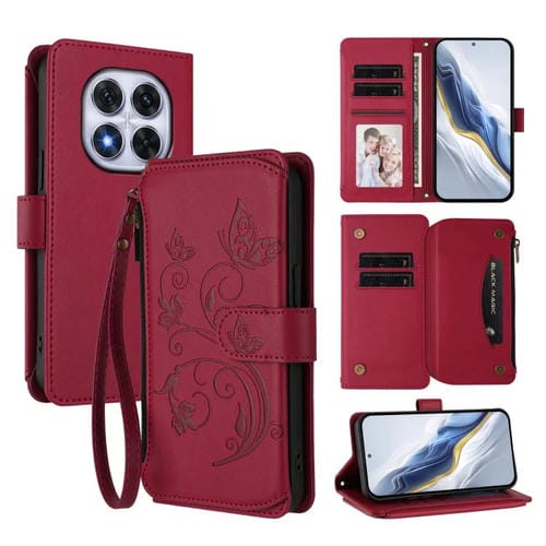 Funda de cuero con cremallera para Redmi Note 14 Pro 4G, diseño de mariposas, flores y múltiples tarjetas (rojo vino)