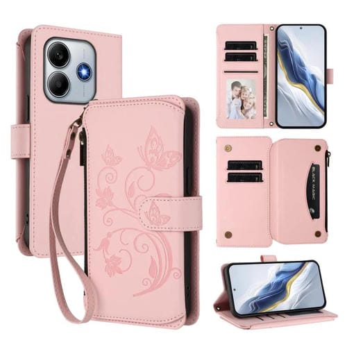 Funda de cuero con cremallera para Redmi Note 14 4G, 164,84 mm, diseño de mariposas y flores, con múltiples tarjetas (rosa)