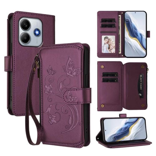 Funda de cuero con cremallera para Redmi Note 14 4G (163,25 mm), diseño de mariposas y flores, con múltiples tarjetas (morado oscuro)
