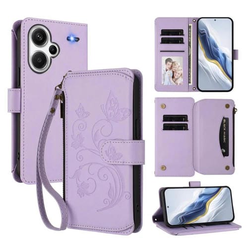 Funda de cuero con cremallera para Redmi Note 13 Pro+, diseño de mariposas, flores y múltiples tarjetas (morado claro)