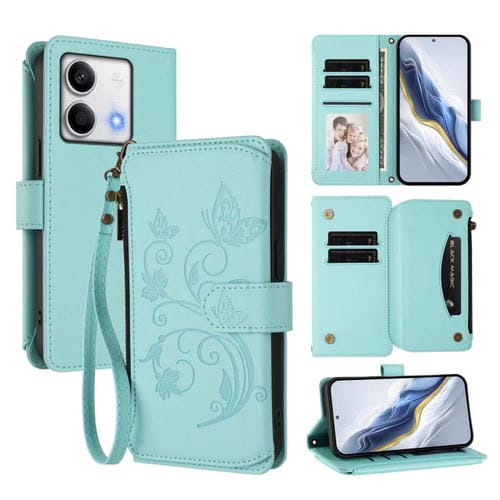 Funda de cuero con cremallera para Redmi Note 13 5G, diseño de mariposas, flores y múltiples tarjetas (verde menta)