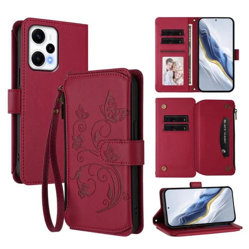 Funda de cuero con cremallera para Redmi Note 12 Turbo / Xiaomi Poco F5, diseño de mariposas, flores y mariposas (rojo vino)
