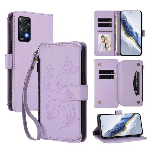 Funda de cuero con cremallera para Redmi Note 12 Pro 4G / Note 11 Pro 5G, diseño de mariposas, flores y múltiples tarjetas (morado claro)
