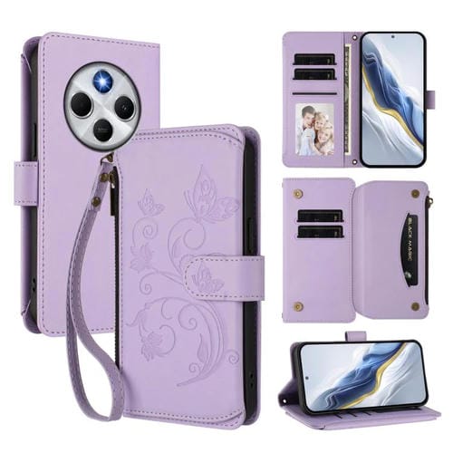 Funda de cuero con cremallera para Redmi A4 5G / A3 Pro / 14C 4G / 14R, diseño de mariposas y flores, con múltiples tarjetas (morado claro)