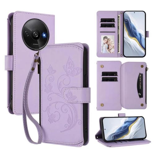 Funda de cuero con cremallera para Redmi A3 / A3x / Xiaomi Poco C61, diseño de mariposas y flores, con múltiples tarjetas (morado claro)