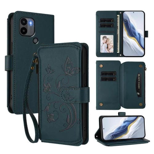 Funda de cuero con cremallera para Redmi A1+ / A2+ / Xiaomi Poco C51, diseño de mariposas y flores (verde oscuro)