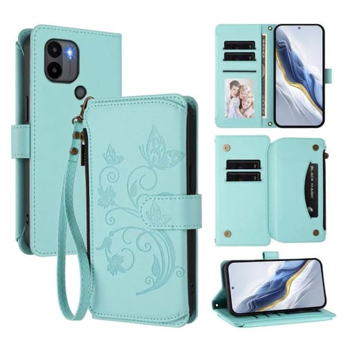 Funda de cuero con cremallera para Redmi A1+ / A2+ / Xiaomi Poco C51, diseño de mariposas y flores (verde menta)