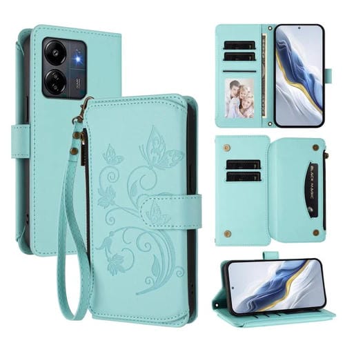 Funda de cuero con cremallera para Redmi 13C 4G / 5G / Xiaomi Poco C65, diseño de mariposas y flores (verde menta)