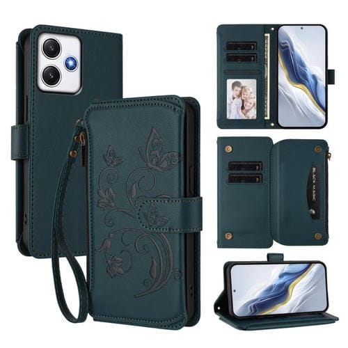 Funda de cuero con cremallera para Redmi 12 4G / 5G / Note 12R, diseño de mariposas y flores, con múltiples tarjetas (verde oscuro)