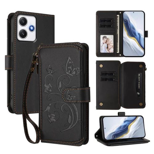 Funda de cuero con cremallera para Redmi 12 4G / 5G / Note 12R, diseño de mariposas, flores y múltiples tarjetas (negro)