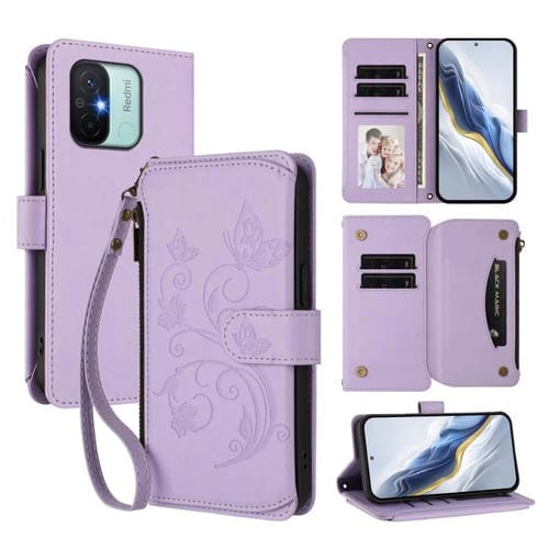 Funda de cuero con cremallera para Redmi 11A / Xiaomi Poco C55, diseño de mariposas, flores y mariposas (morado claro)