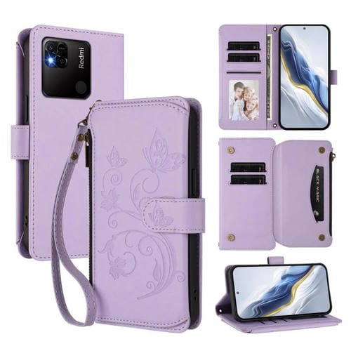Funda de cuero con cremallera para Redmi 10A/Redmi 9C, diseño de mariposas, flores y mariposas (morado claro)