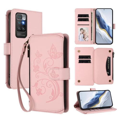 Funda de cuero con cremallera para Redmi 10 2022, diseño de mariposas, flores y mariposas (rosa)