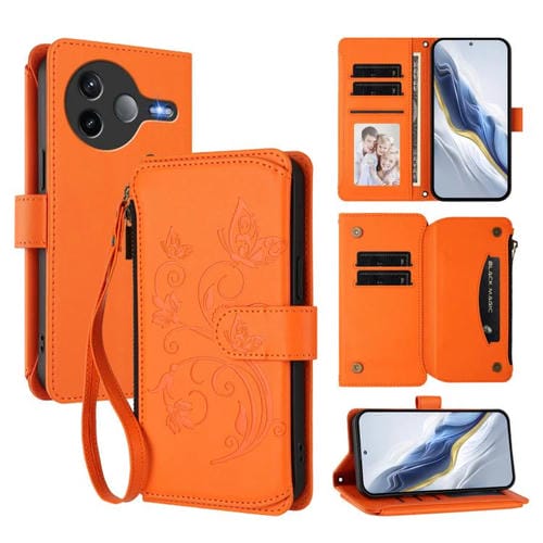 Funda de cuero con cremallera para Xiaomi Poco F7 Pro / Redmi K80, diseño de mariposas, flores y mariposas (naranja)