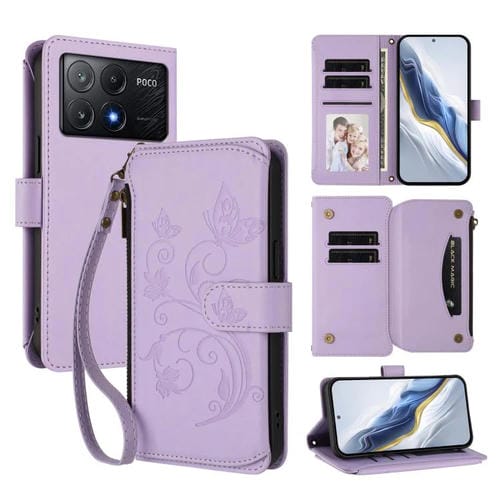 Funda de cuero con cremallera para Xiaomi Poco X6 Pro, diseño de mariposas, flores y múltiples tarjetas (morado claro)