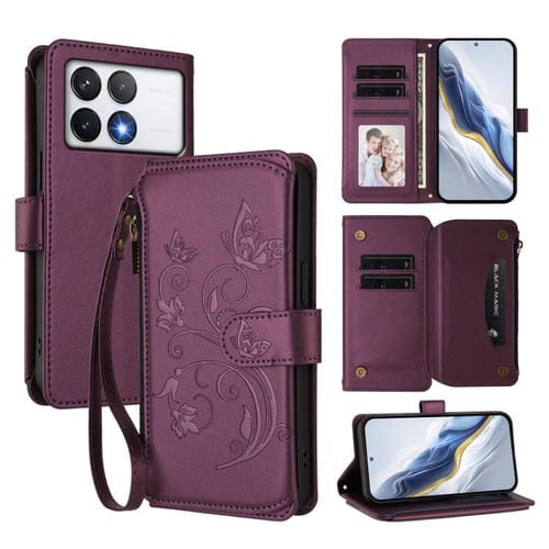 Funda de cuero con cremallera para Xiaomi Poco F6 Pro, diseño de mariposas, flores y mariposas (morado oscuro)