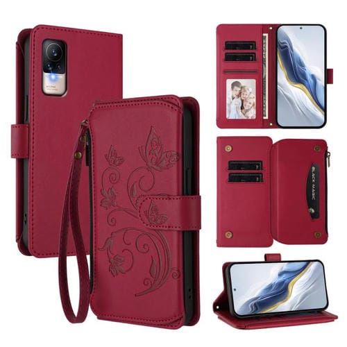 Funda de cuero con cremallera para Xiaomi Civi 1S, diseño de mariposas, flores y mariposas (rojo vino)