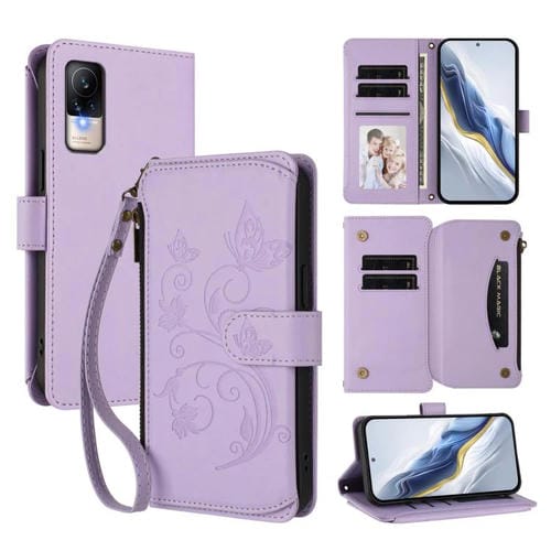 Funda de cuero con cremallera para Xiaomi Civi 1S, diseño de mariposas, flores y múltiples tarjetas (morado claro)