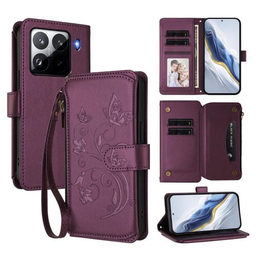 Funda de cuero con cremallera para Xiaomi 15 Pro, diseño de mariposas, flores y mariposas (morado oscuro)