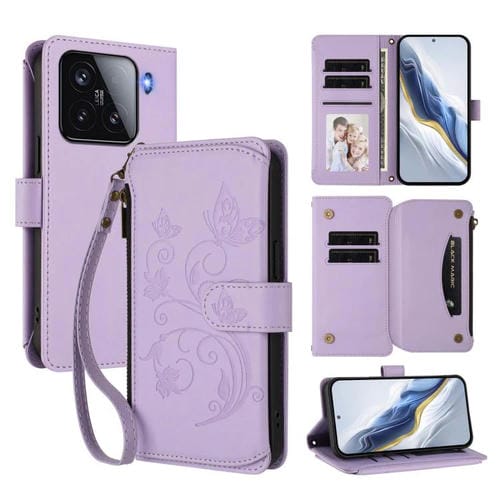 Funda de cuero con cremallera para Xiaomi 15, diseño de mariposa, amor y flores, con múltiples tarjetas (morado claro)